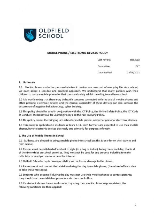 thumbnail of Mobile Phone Policy SLT 2022