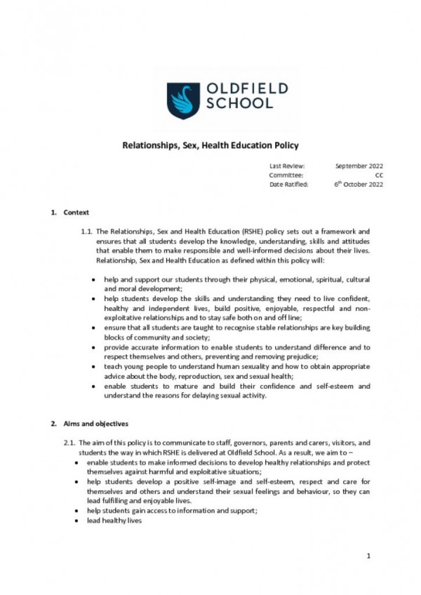 thumbnail of Sex and Relationship Education Policy 2022