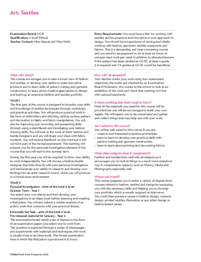 thumbnail of Sixth Form Prospectus 2023; Art – Textiles