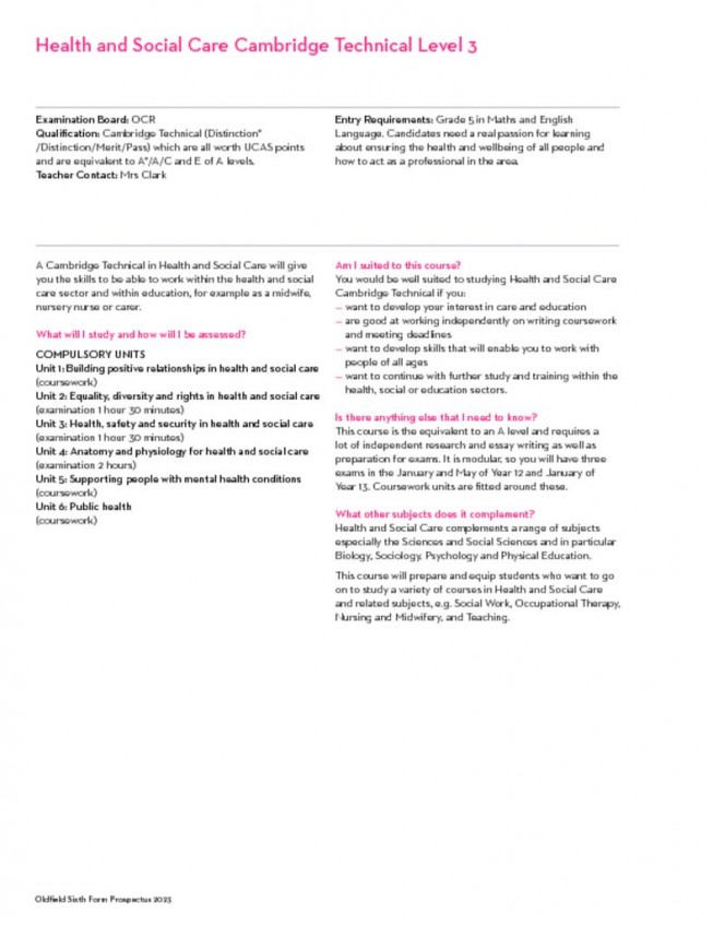 thumbnail of Sixth Form Prospectus 2023; Health & Social Care