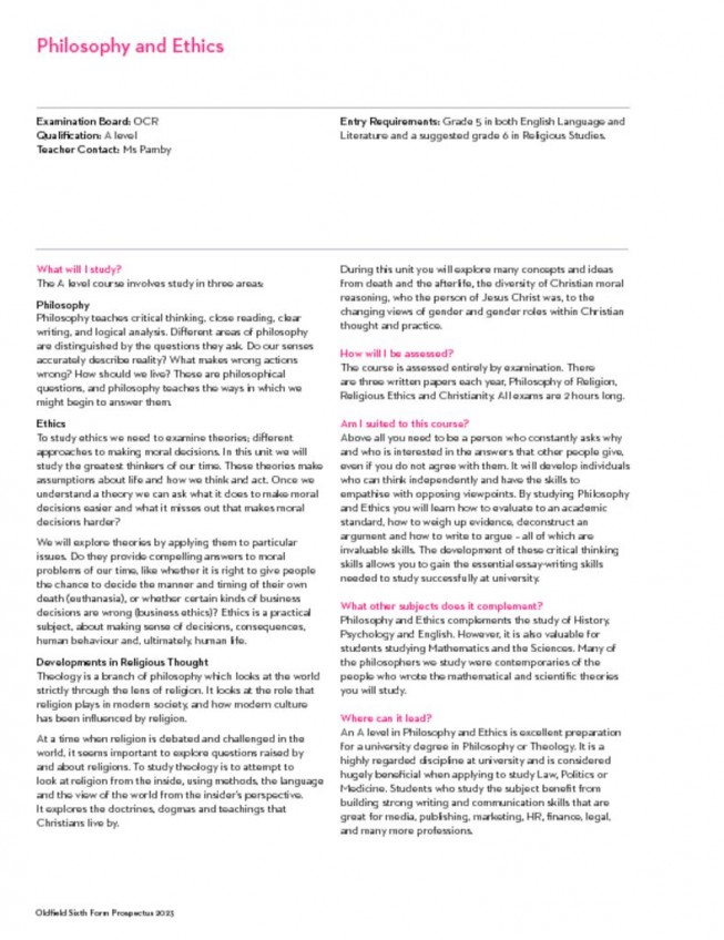 thumbnail of Sixth Form Prospectus 2023; Philosophy & Ethics