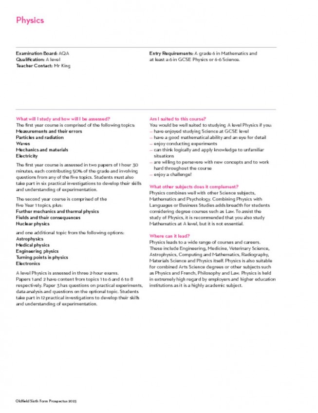thumbnail of Sixth Form Prospectus 2023; Physics