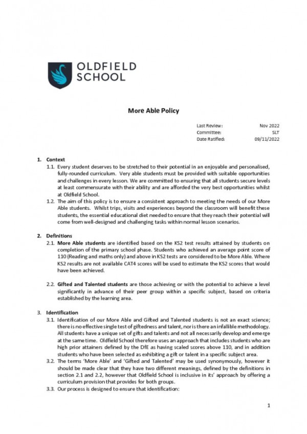 thumbnail of More Able Policy 2022 SLT