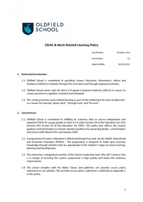 thumbnail of CEIAG Work Related Learning Policy 2022