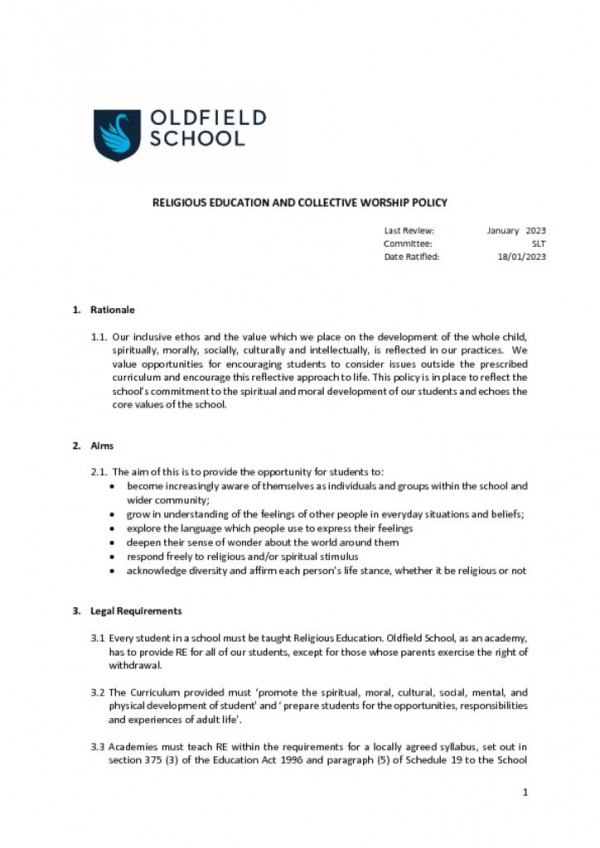 thumbnail of Religious Education and Collective Worship Policy 2022 SLT