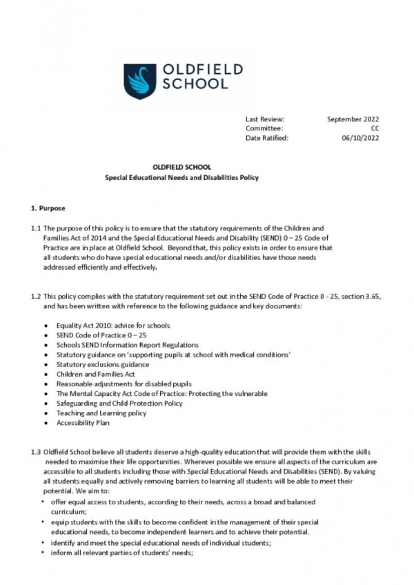 thumbnail of Special Educational Needs and disabilities policy September 22