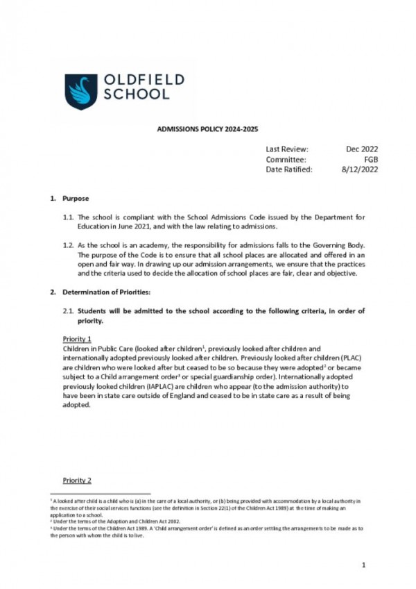 thumbnail of Admissions Policy 2024 FGB