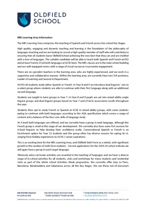 thumbnail of MFL Learning Area Information 2023