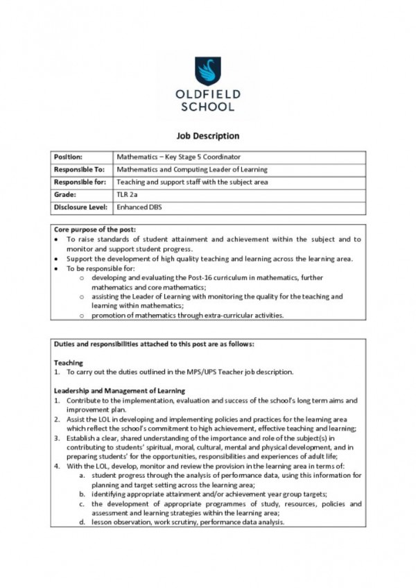 thumbnail of Mathematics KS5 Coordinator JD PS