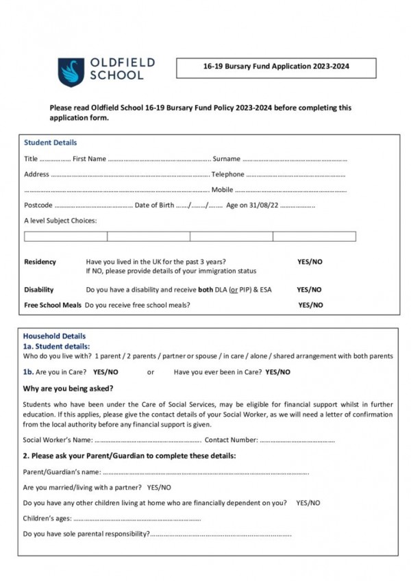 thumbnail of 16-19 Bursary Fund – Oldfield Application Form – Sept 2023-2024