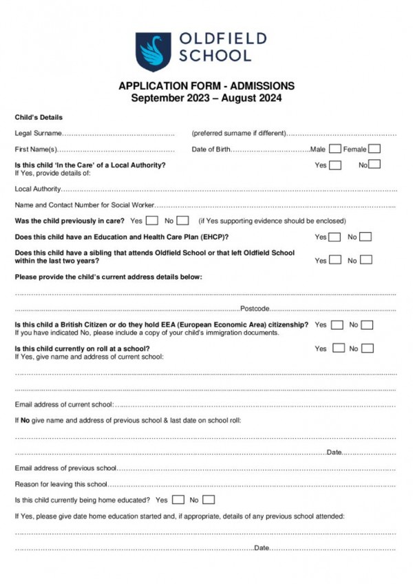 thumbnail of Oldfield School Application Form 2023-2024