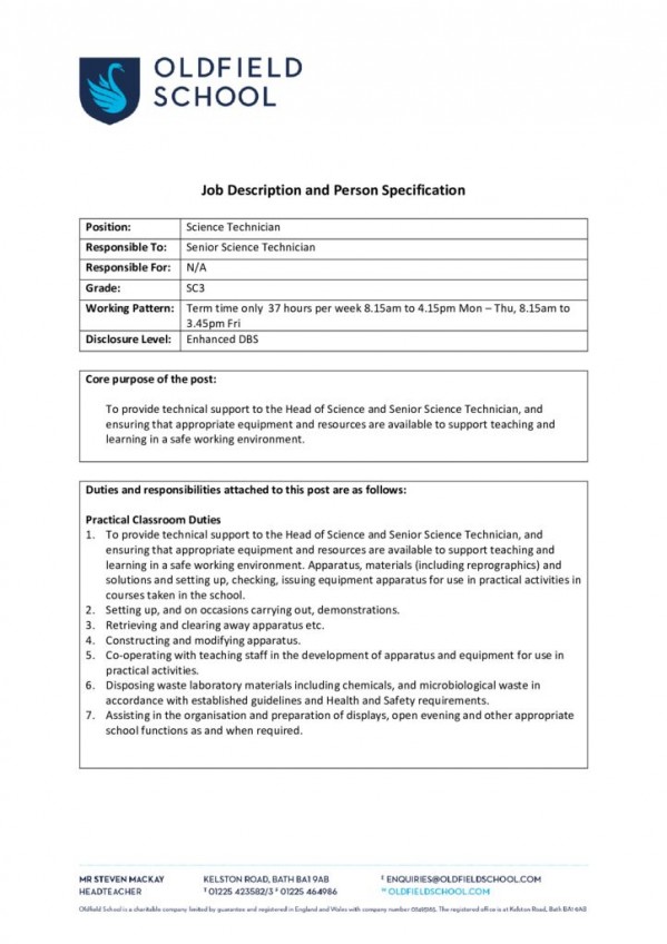 thumbnail of Science Technician Job Description and Person Specification July 2022