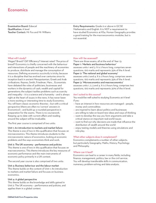 thumbnail of Sixth Form Prospectus 2024; Economics