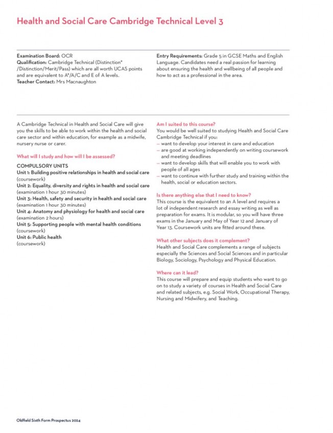 thumbnail of Sixth Form Prospectus 2024; Health & Social Care