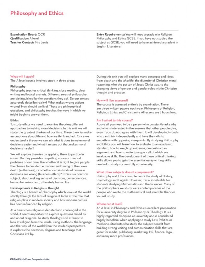 thumbnail of Sixth Form Prospectus 2024; Philosophy & Ethics