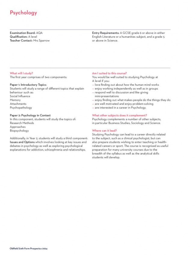 thumbnail of Sixth Form Prospectus 2024; Psychology