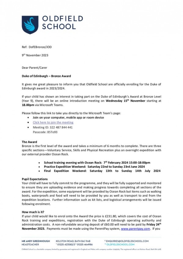 thumbnail of Letter to parents – DofE Bronze