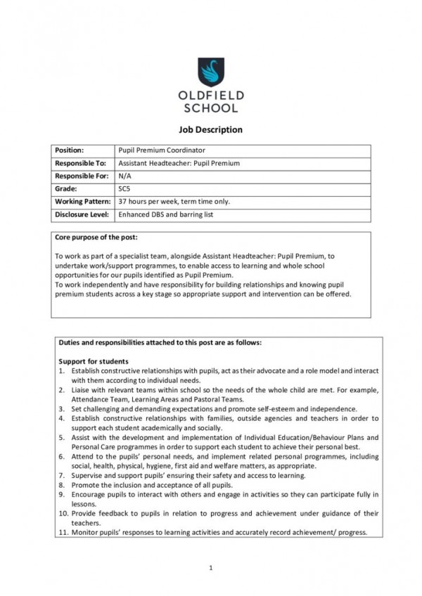 thumbnail of Pupil Premium Coordinator JD PS
