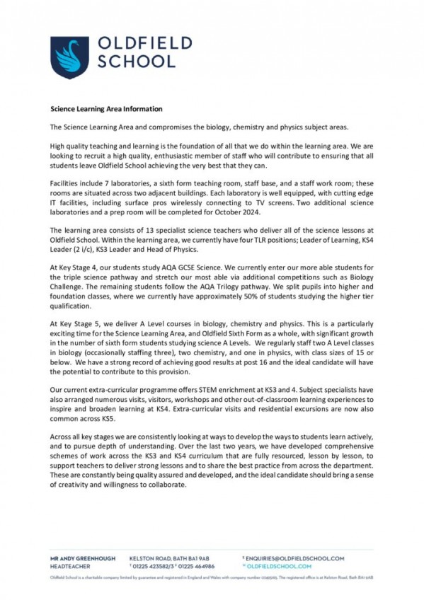 thumbnail of Science Learning Area Information 2023-24