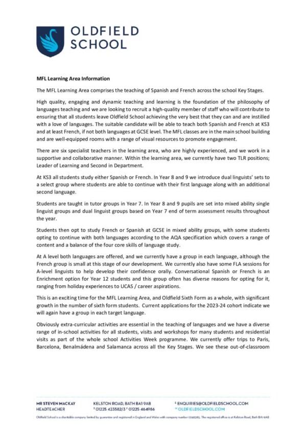 thumbnail of MFL Learning Area Information 2023