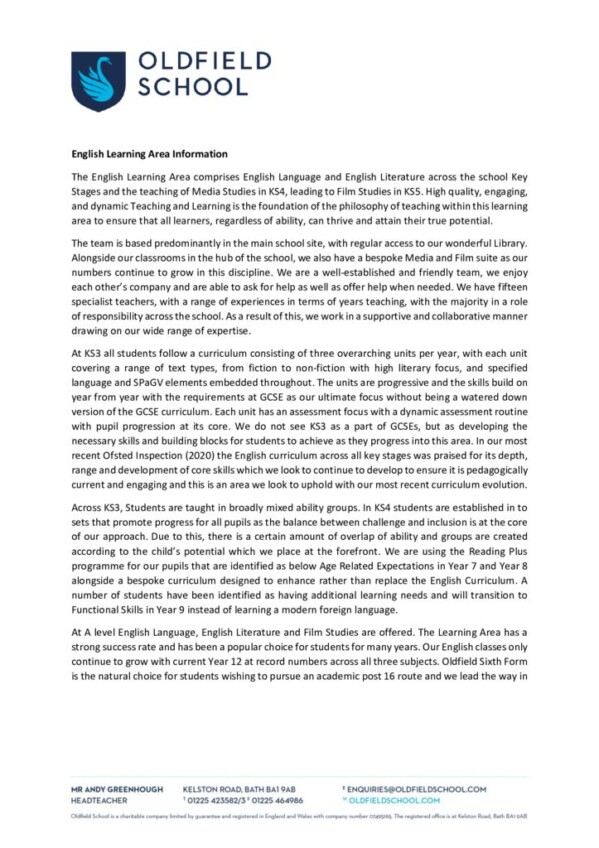 thumbnail of English Learning Area Information 2024-25