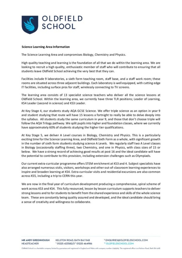 thumbnail of Science Learning Area Information 2024-25