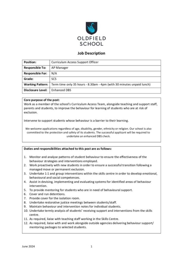 thumbnail of Curriculum Access Support Officer July 2025 JD and PS